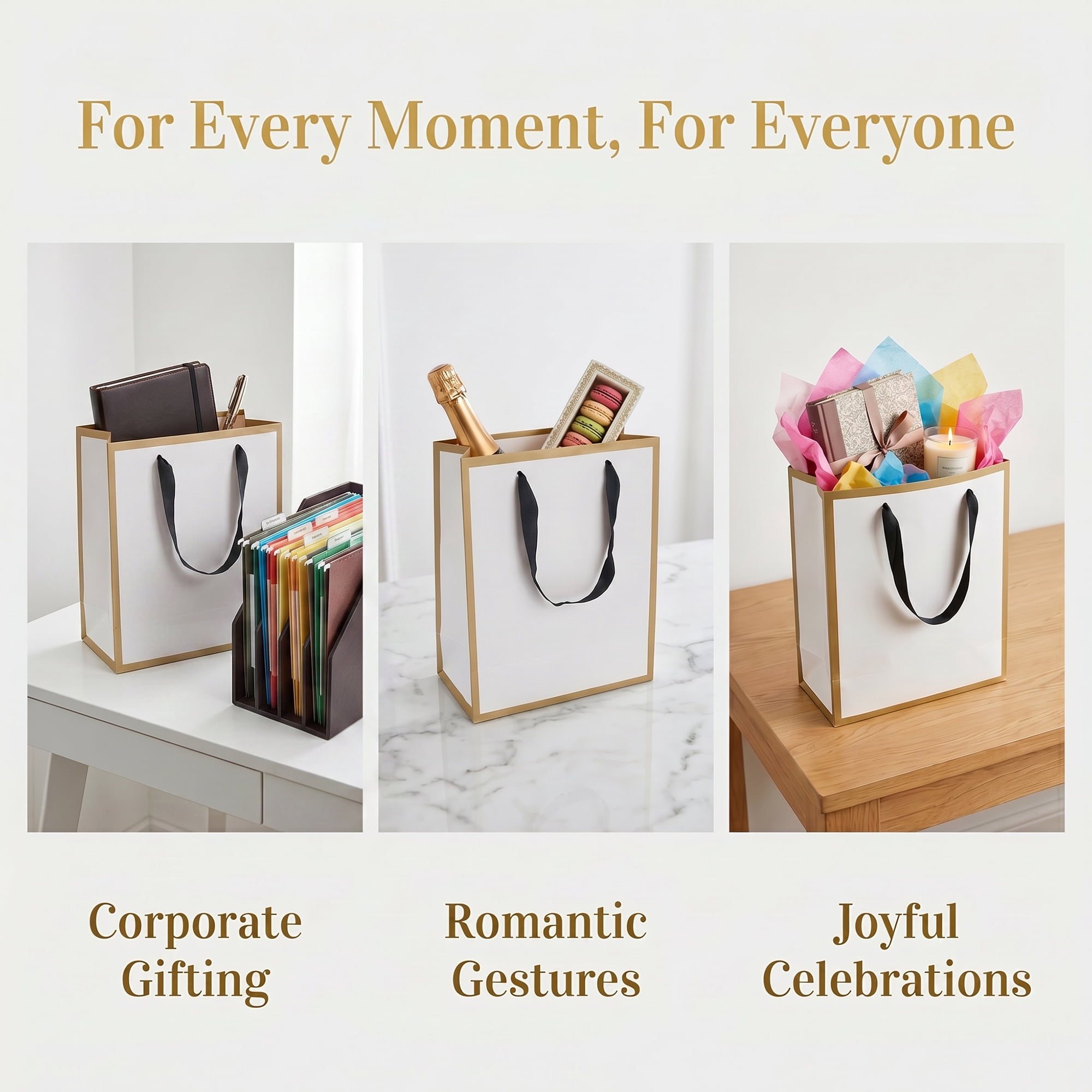Unique Bargains Sturdy Thick Horizontal Paper Gift Bags White Gold 8.3" x 4.3" x 10.6"