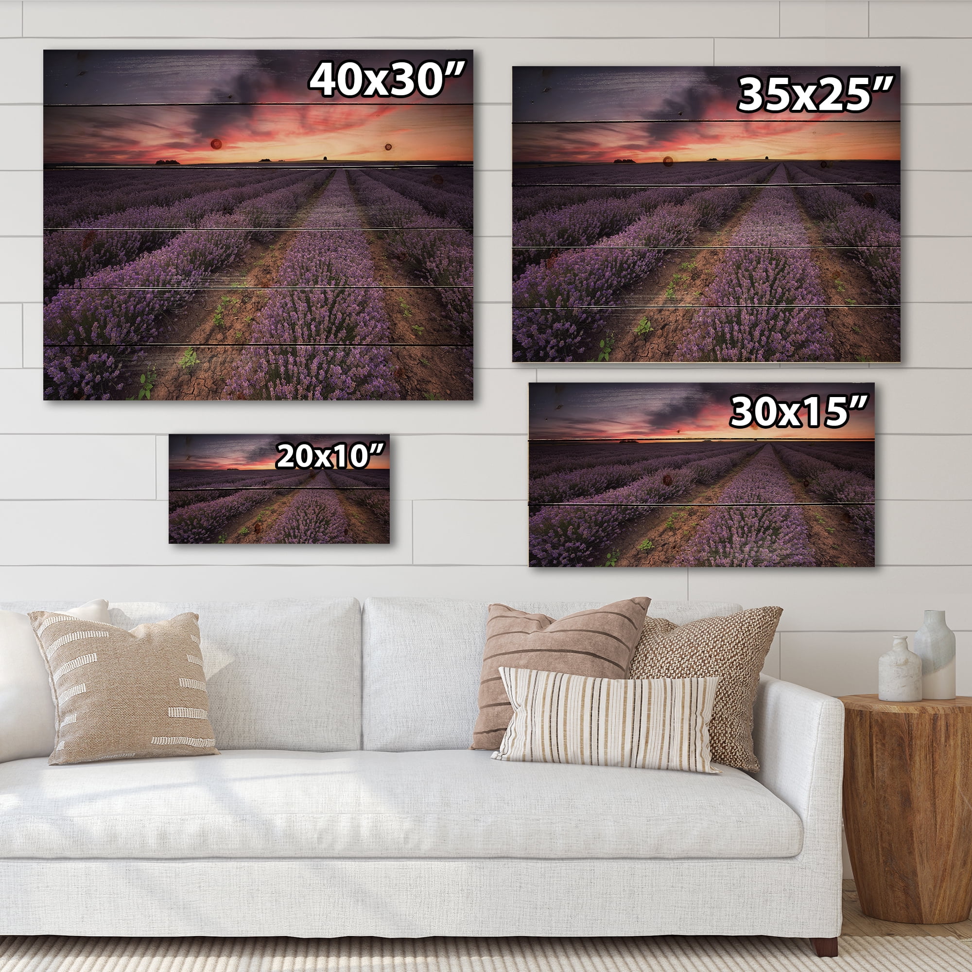 Designart 'Dramatic Clouds and Sunrise Over Lavender Field IX' Farmhouse Print on Natural Pine Wood