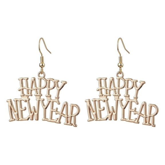 Word Happy New Year Alloy Dangle Earrings for Women Golden 45x39.5mm