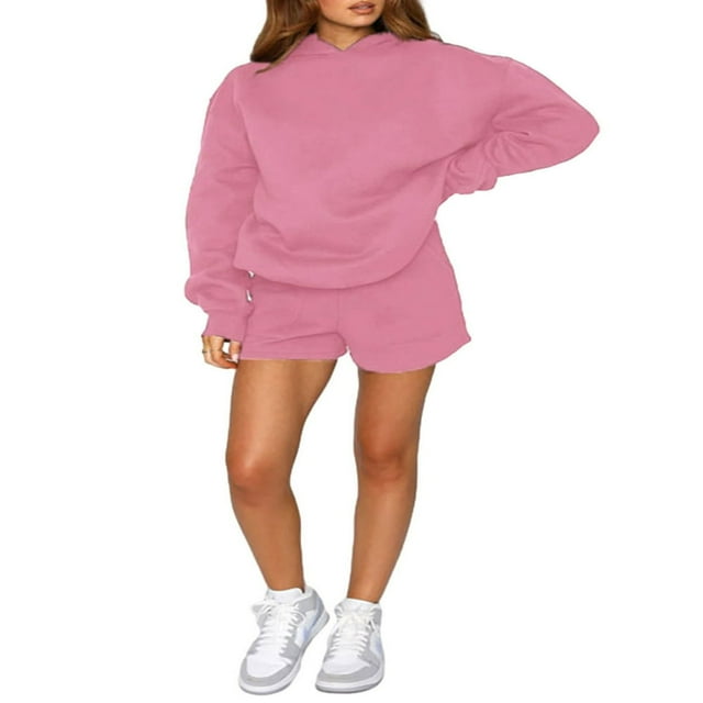 Casual Solid Color Hooded Sweatshirt and Loose Shorts Set for Women