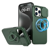 ELEHOLD for iPhone 15 Pro Max Magnetic Case,Rugged Hard PC Protective Case with Rotation Ring Holder Kickstand Sliding Camera Protector Compatible with Mag Safe for  iPhone 15 Pro Max, Darkgreen