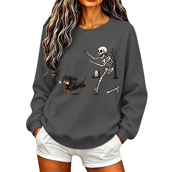 WEIWEN Dog Mama Sweatshirt for Women Funny Skeleton Chasing Dachshund Print Crewneck Long Sleeve Halloween Outfits for Women Going Out Tops Fall Sweaters Women's Clothing S
