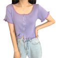 thumbnail image 1 of Chaqueta Mujer Encaje Cuello En U Abrigo Delgado Botón De Punto Camisa De Manga Corta, Morado AweSitey AP001095-02, 1 of 7