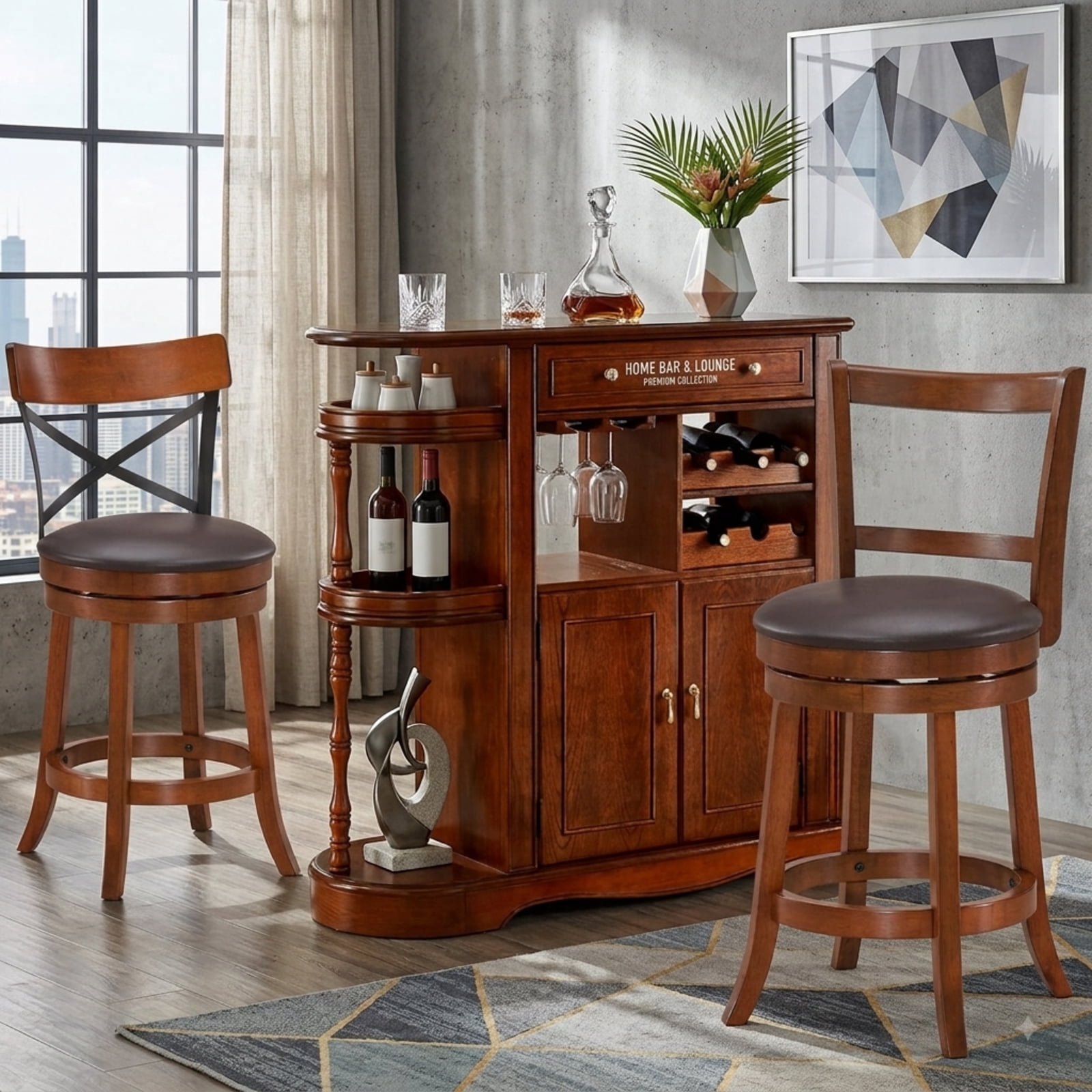 Furnibear Set of 2 Bar Stools 360-Degree Swivel Dining Bar Chairs with Rubber Wood Legs-25 inch for Kitchen Island Counter Bar Pub Dining, Walnut