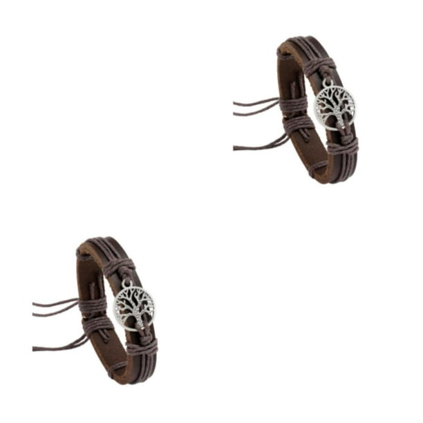Qarigey Pulseras de cuero con abalorio de cordón trenzado para hombre, pulseras étnicas de estilo ajustable, brazaletes de moda para mujer, Marrón 2Conjunto