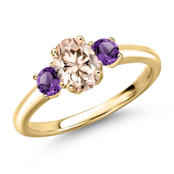 Gem Stone King 10K Yellow Gold Peach Morganite and Purple Amethyst Engagement Ring for Women | 0.97 Cttw | Oval 7X5MM | Gemstone October Birthstone | Size 6