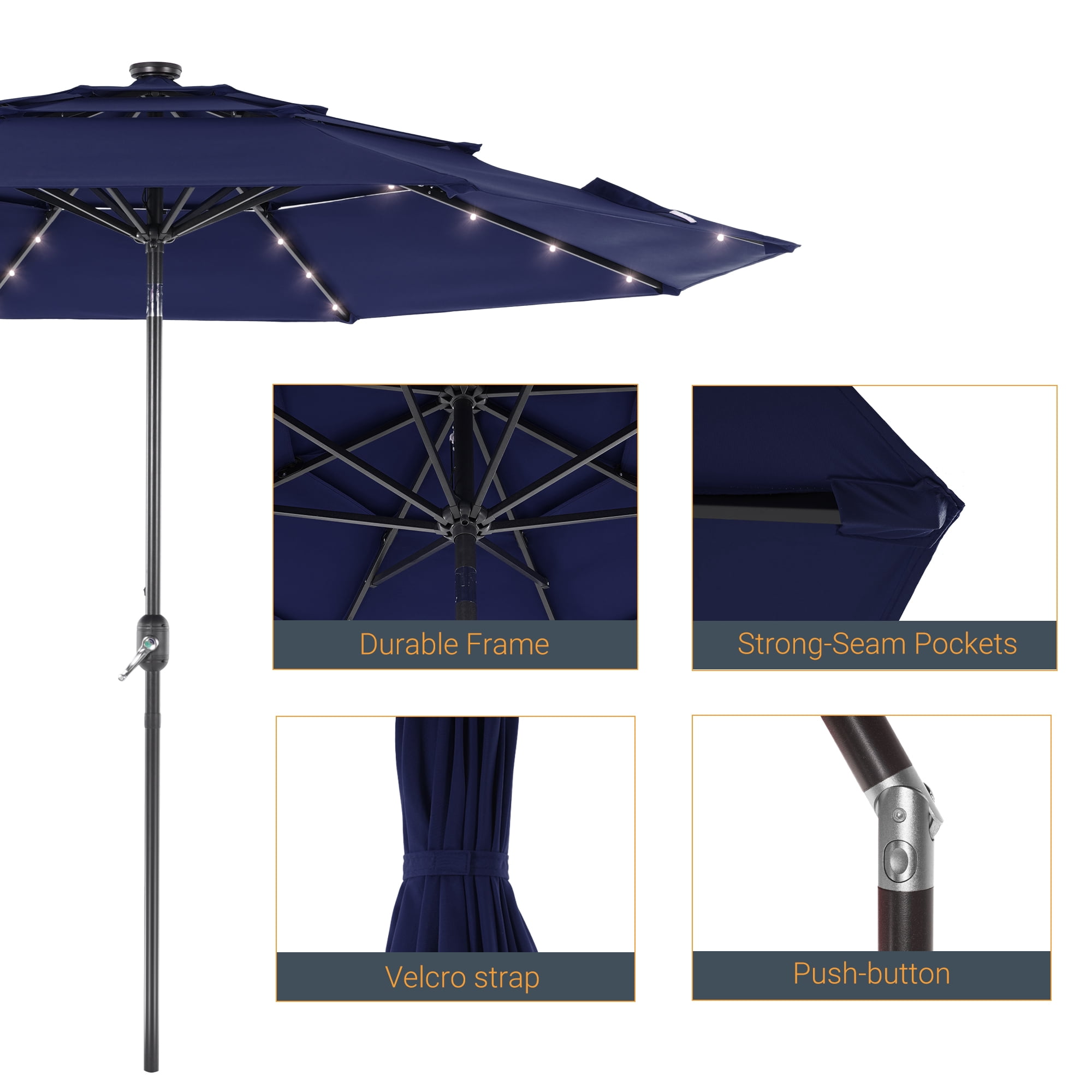ACEGOSES 10ft LED 3 Tiers Patio Market Umbrella Outdoor with Ventilation for Garden, Deck and Pool,Navy Blue