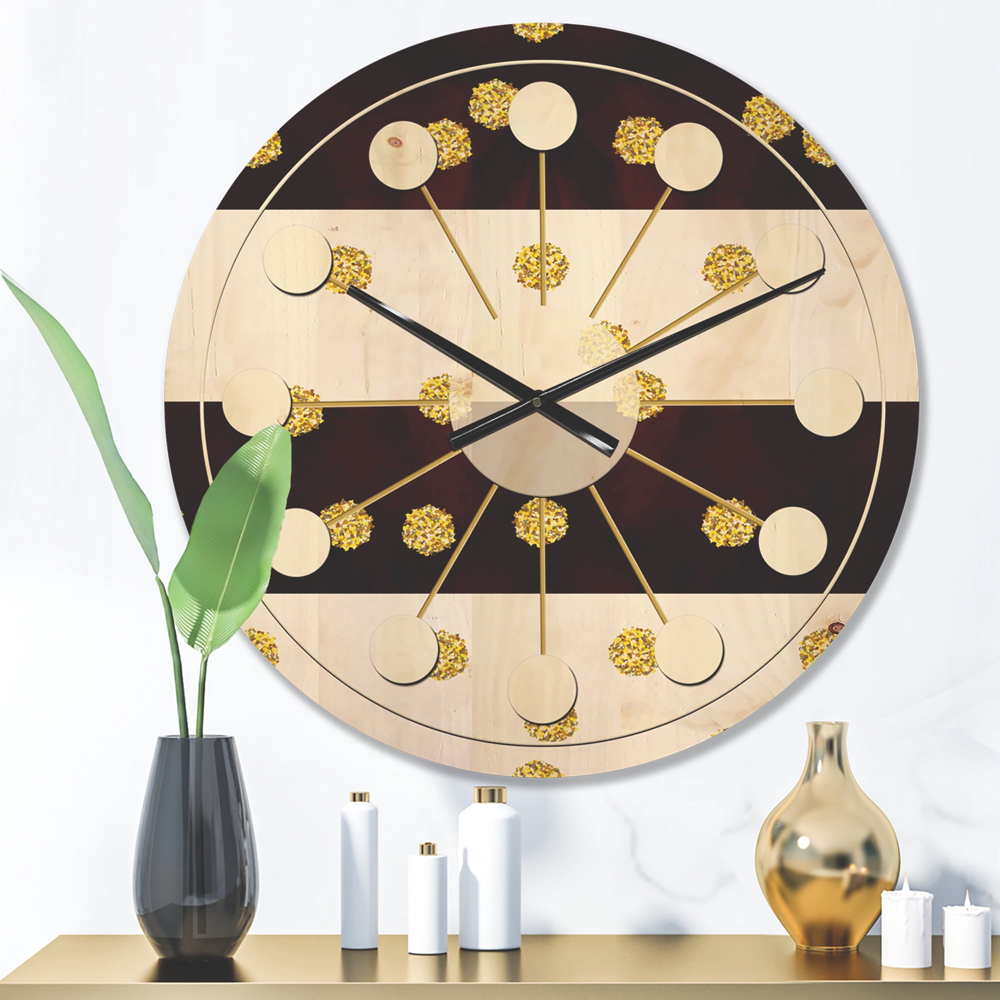 Designart 'Gold Polka Dot Retro Pattern I' Mid-Century Modern Wood Wall Clock
