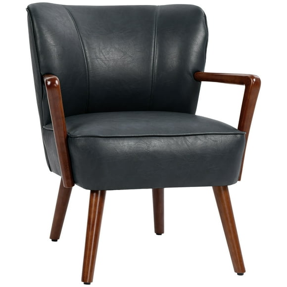 HOMCOM Accent Chair Faux Leather Upholstered Armchair with Wood Legs Black