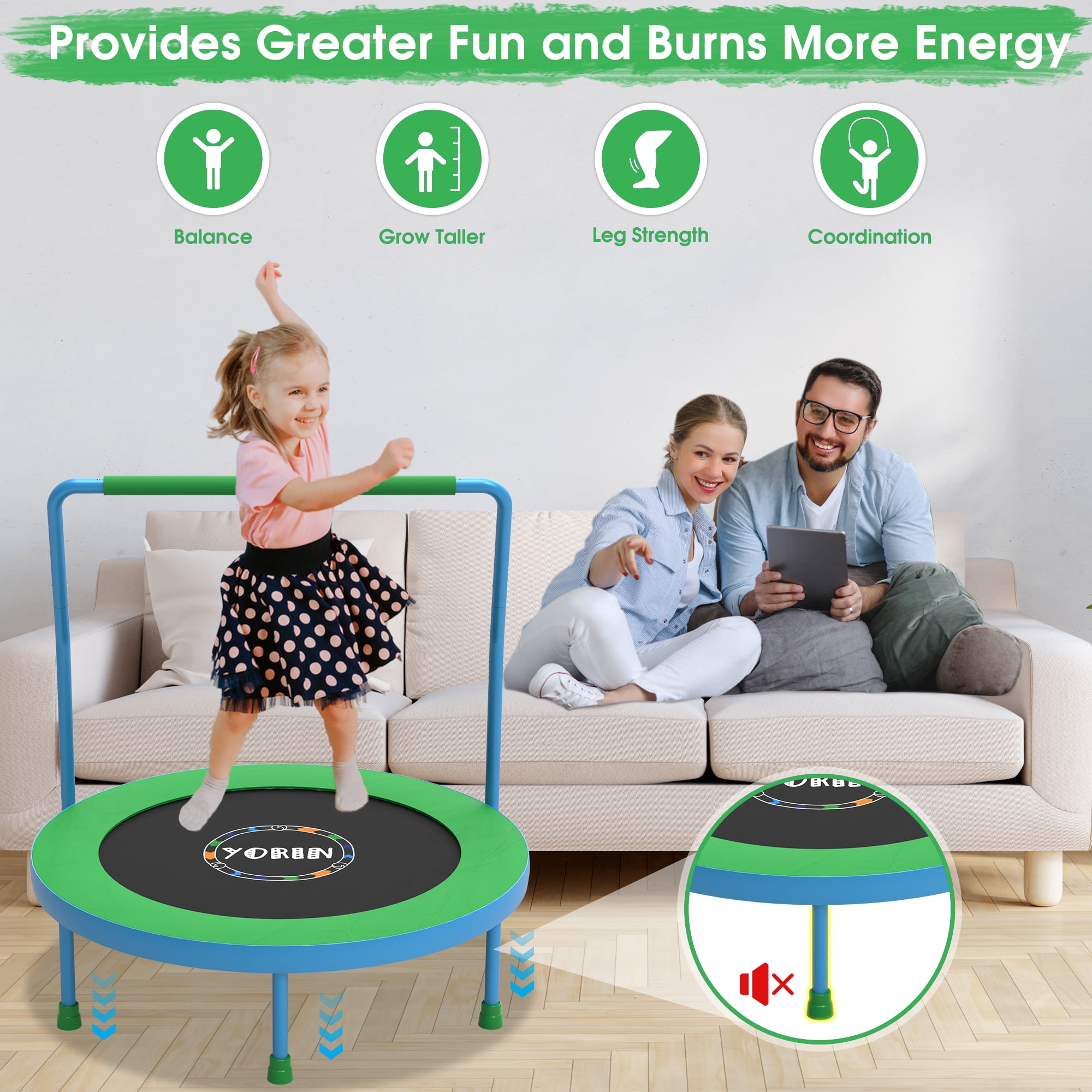 YORIN 36" Trampoline for Kids, 3FT Mini Indoor/Outdoor Foldable Toddler Trampoline with Adjustable Foam Handle, Small Rebounder Fitness Trampoline with No-Gap Padded Cover, Gift for Baby