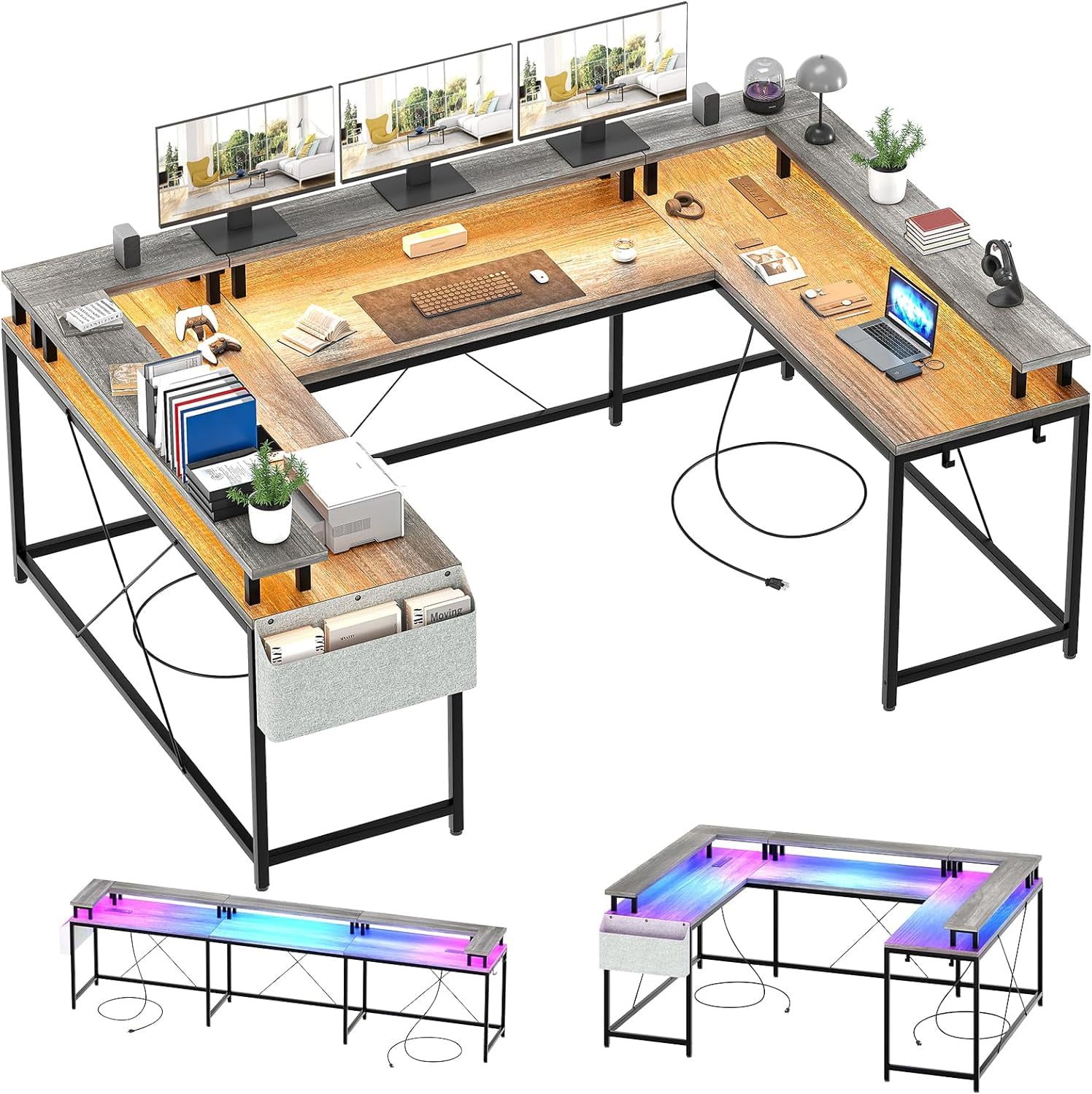 U Shaped Desk with Power Outlets & LED Lights, 79" Reversible L Shaped Desk, Corner Computer Desk Office Desk with Full Monitor Stand, Oak