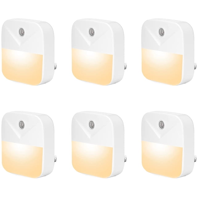 Paquete de 6 enchufes para luz de noche, luz de noche LED blanca cálida con sensor inteligente de anochecer a amanecer para dormitorio, baño, pasillo, habitación de niños
