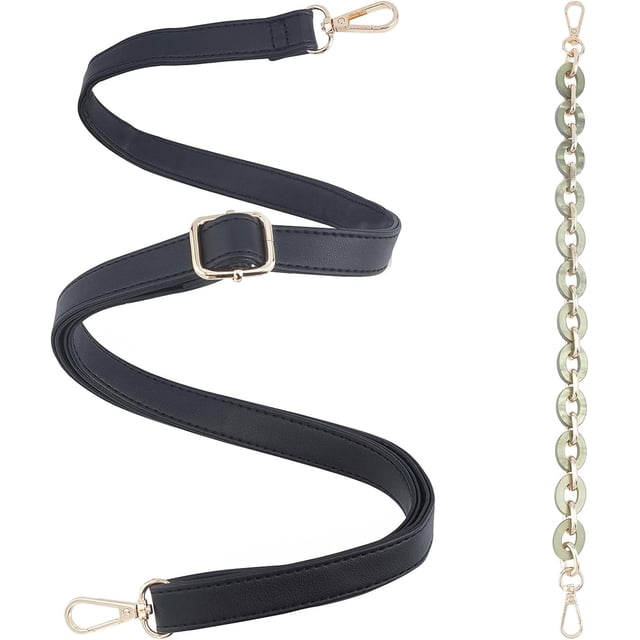 Juego de 2 correas de repuesto ajustables de cadena plana de cuero y acrílico para bolso de hombro, cartera o bolso de mano - Negro y verde oliva