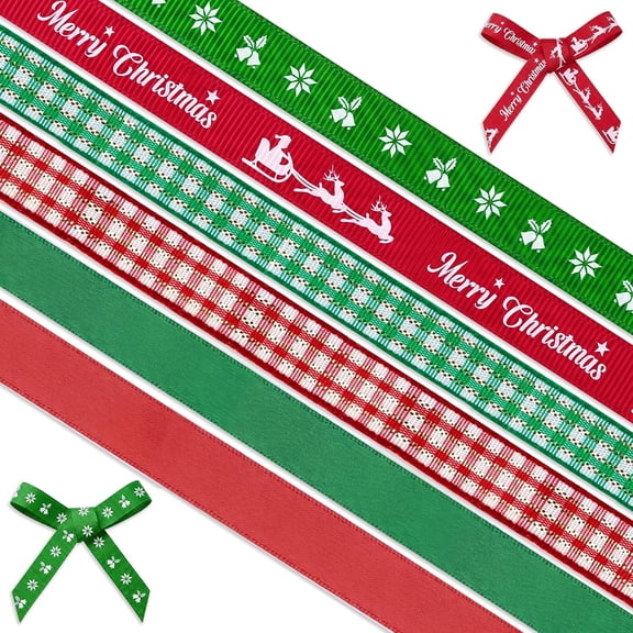 6 Rolls Merry Christmas Ribbons for DIY Crafts Satin Grosgrain Ribbon for Christmas Party