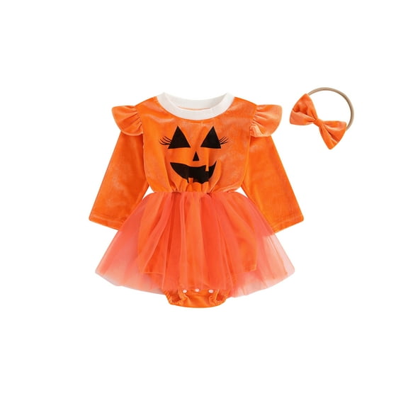 ZINTAOZT Baby Girls 2Pcs Halloween Outfits Ruffle Pumpkin Romper Tulle Dress with Headband Set Newborn Clothes 0-12M