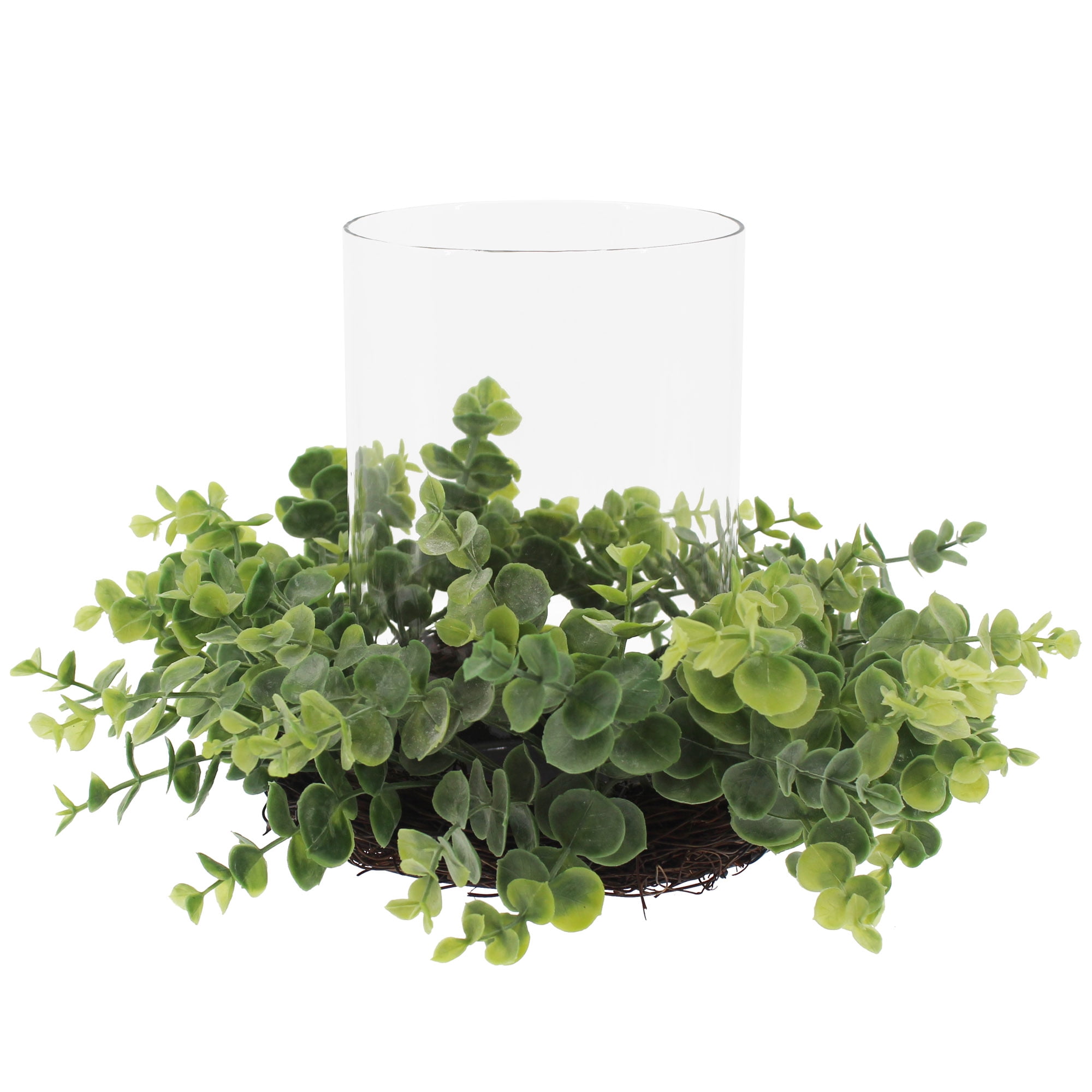 Mainstays Decorative Hurricane Pillar Candleholder with Faux Eucalyptus, 8 in H