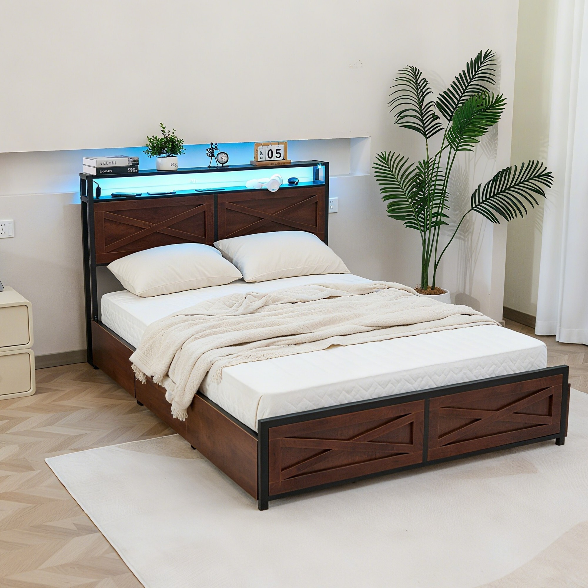 AENKYO Queen Size Bed Frame with LED Lights, Storage Headboard & 6 Drawers, Built-in Charging Station, Red