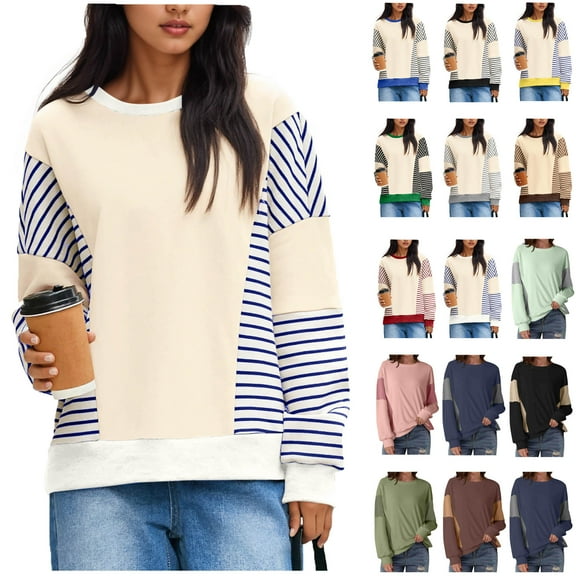 Long Sleeve Shirts for Women Casual Tunic Tops Women Fashion Casual Printed Round Neck Loose Capless Sweatshirt Top Great Gifts for Less White L