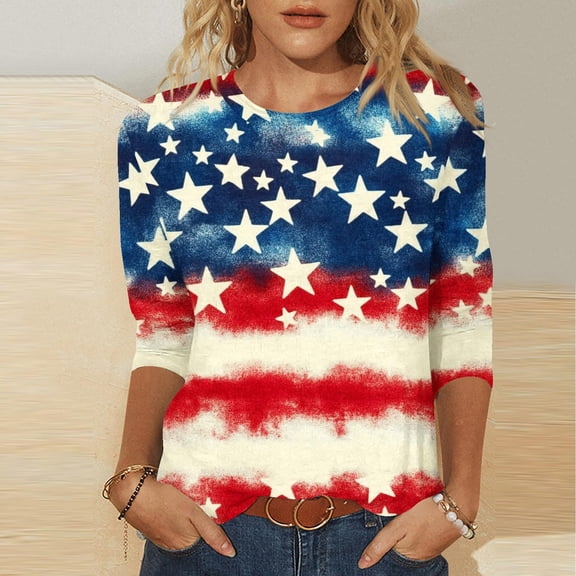 Cavosen USA Flag Shirts for Women Petite Independence Day 3/4 Sleeve Crewneck T Shirts American Flag Graphic Tops Lady XL 4th of July Casual T Shirts Red White and Blue Tunic Tees Patriotic Blouses