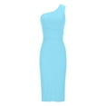 thumbnail image 3 of Women One Shoulder Ruched Cocktail Midi Dress Elegant Casual Party Bodycon Wedding Guest Dress Evening Prom Dresses Light Blue L, 3 of 4