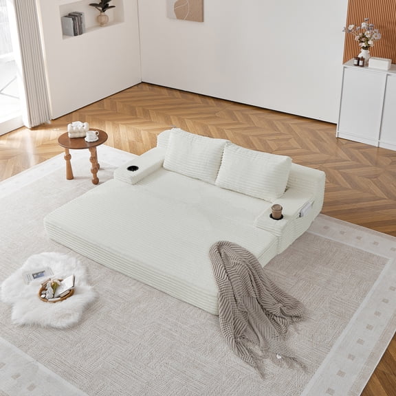 Convertible Futon Sofa Bed, Upholstered Corduroy Boneless Couch Full Size Floor Loveseat Sleeper Sofa with Pillow Boneless Foldable Couches for Living Room, Bedroom, Lounge