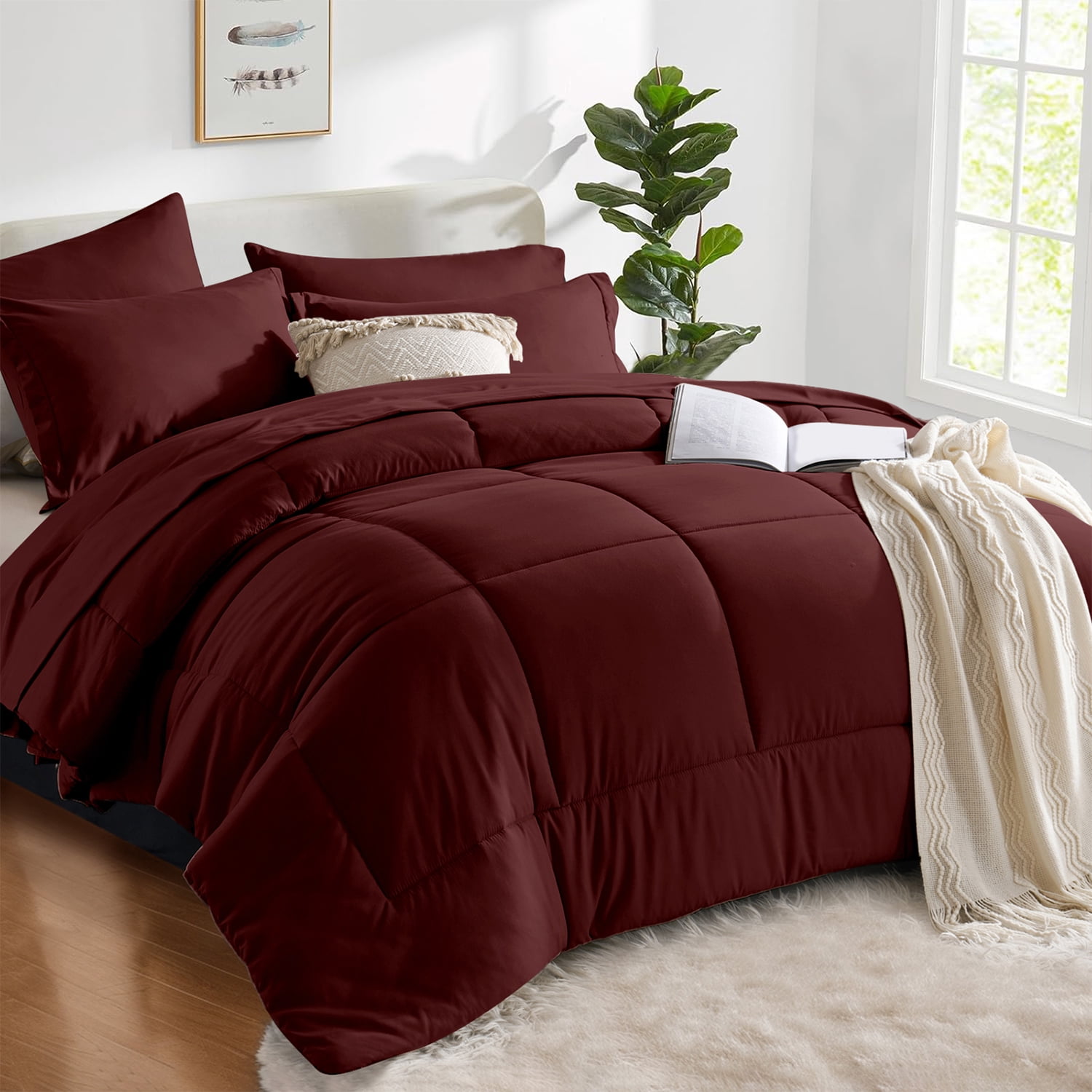 Flymme Queen Comforter Set Burgundy Bed in a Bag Queen Size 7 Pieces Soft Bed Set for All Seasons Lightweight Microfibe Red Bedding Set for Women Man