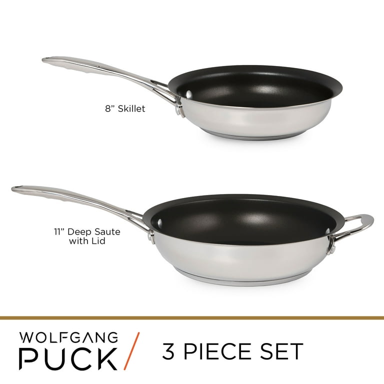 Wolfgang Puck 3-Piece Stainless Steel Skillet Set, Scratch-Resistant  Non-Stick Coating, Includes a Large and Small Skillet, Clear Tempered-Glass  Lid, Cool Touch Handles, Extra-Wide Rims 