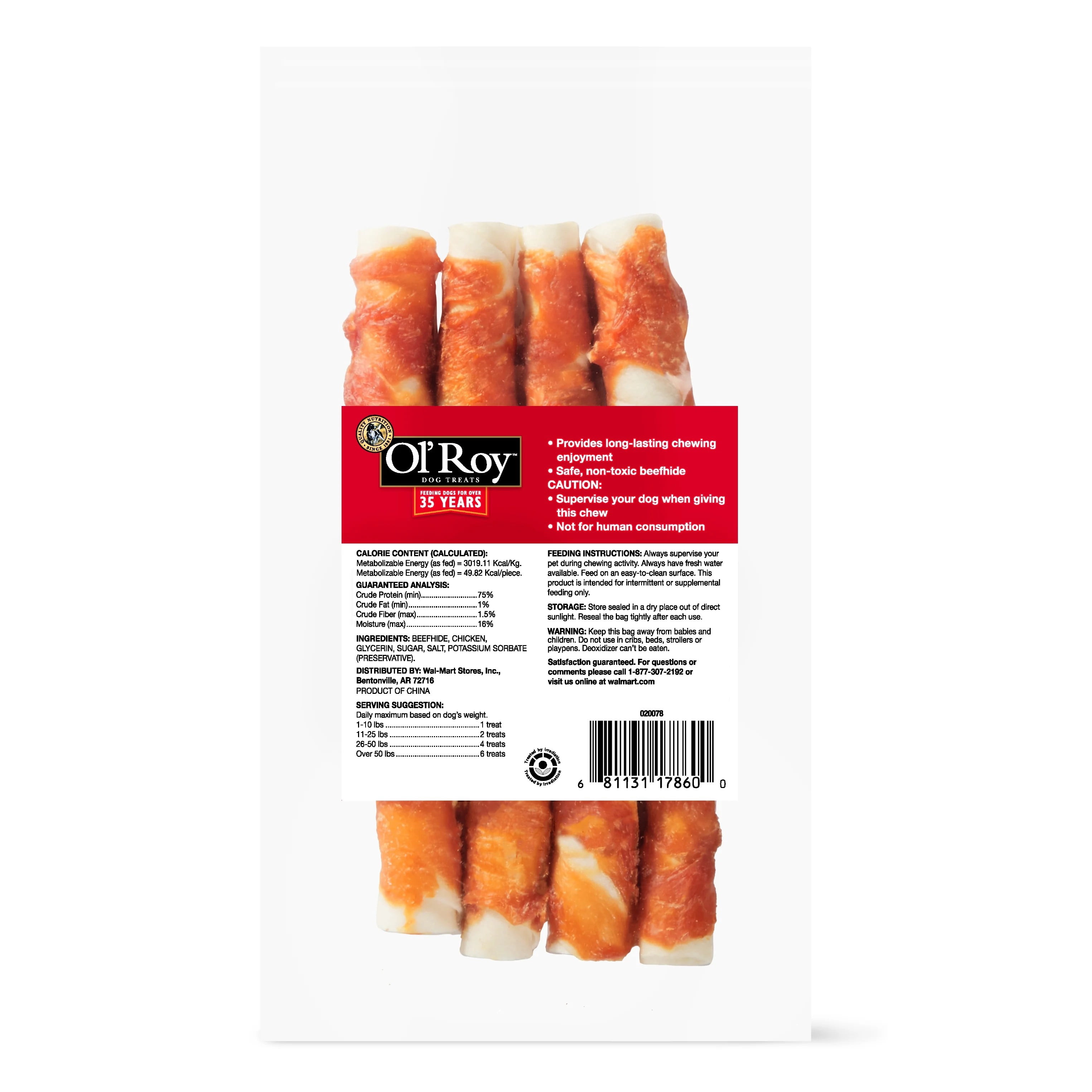 Ol' Roy Rawhide 2.5-inch Rolls with Chicken, Natural Beef hide & Real Chicken, 6.98 oz, 12 Count