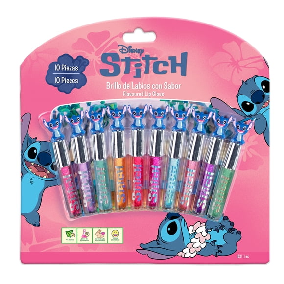 MAKEUPERIA Stitch Brillo de Labios Infantil con Sabor, Set de 10 Piezas a Base de Plantas, Cosmético Seguro y Lavable, Ideal como Regalo para Niñas, Presentación con Blíster y Goma Decorativa