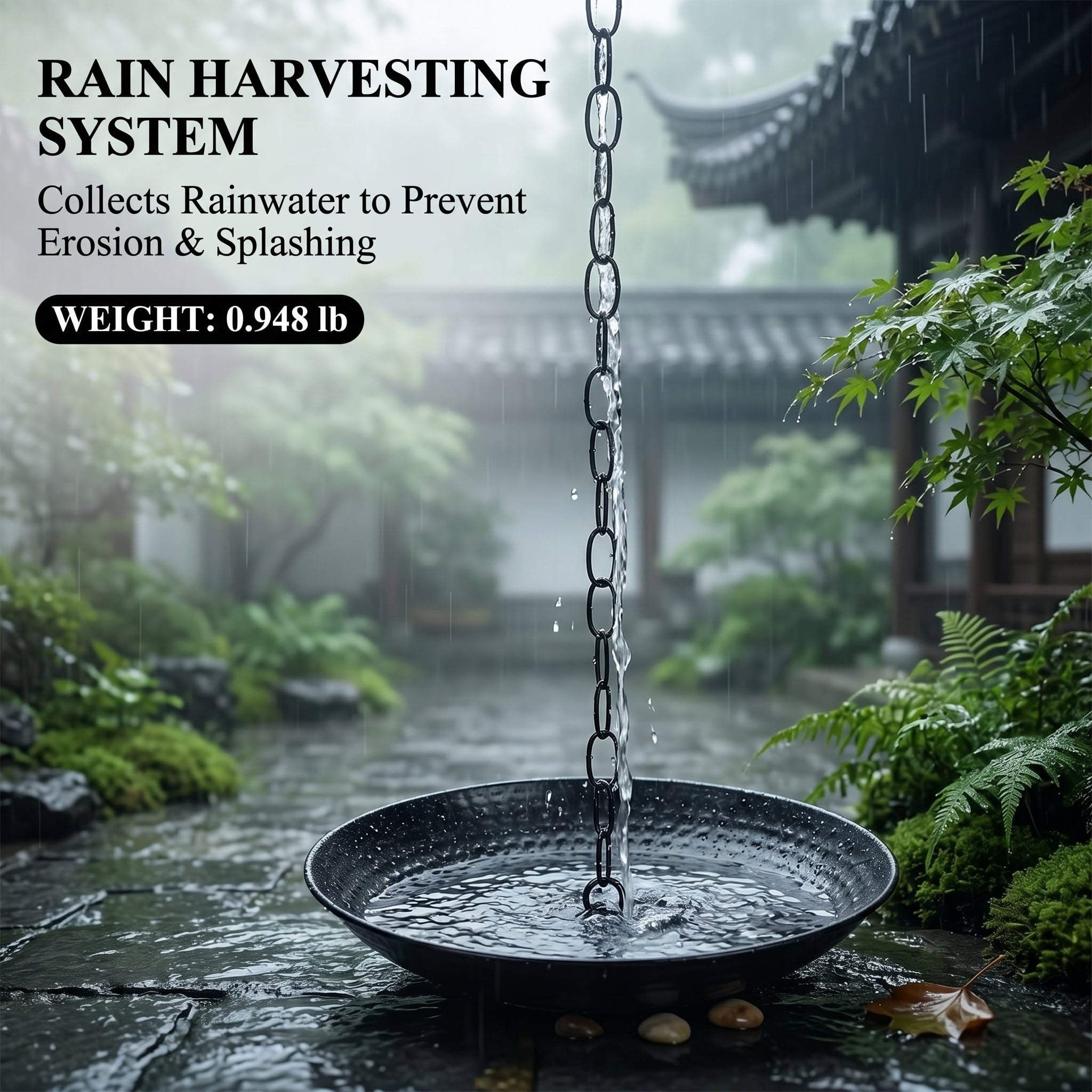 Topadorn Matte Black Hammered Metal Rain Chain Basin, 10.7 Inch Decorative Catch Bowl with Hanging Chain, Outdoor Gutter Water Diverter for Garden & Patio