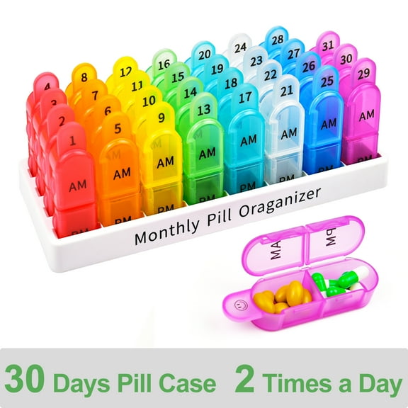 Greencycle Monthly 30 Day 2 Times A Day Pill Organizer, 4 Week Medicine Organizer, Moisture-Proof Pill Cases Pill Box, Small Compartments to Hold Vitamins Fish Oil Supplements Great for Travel