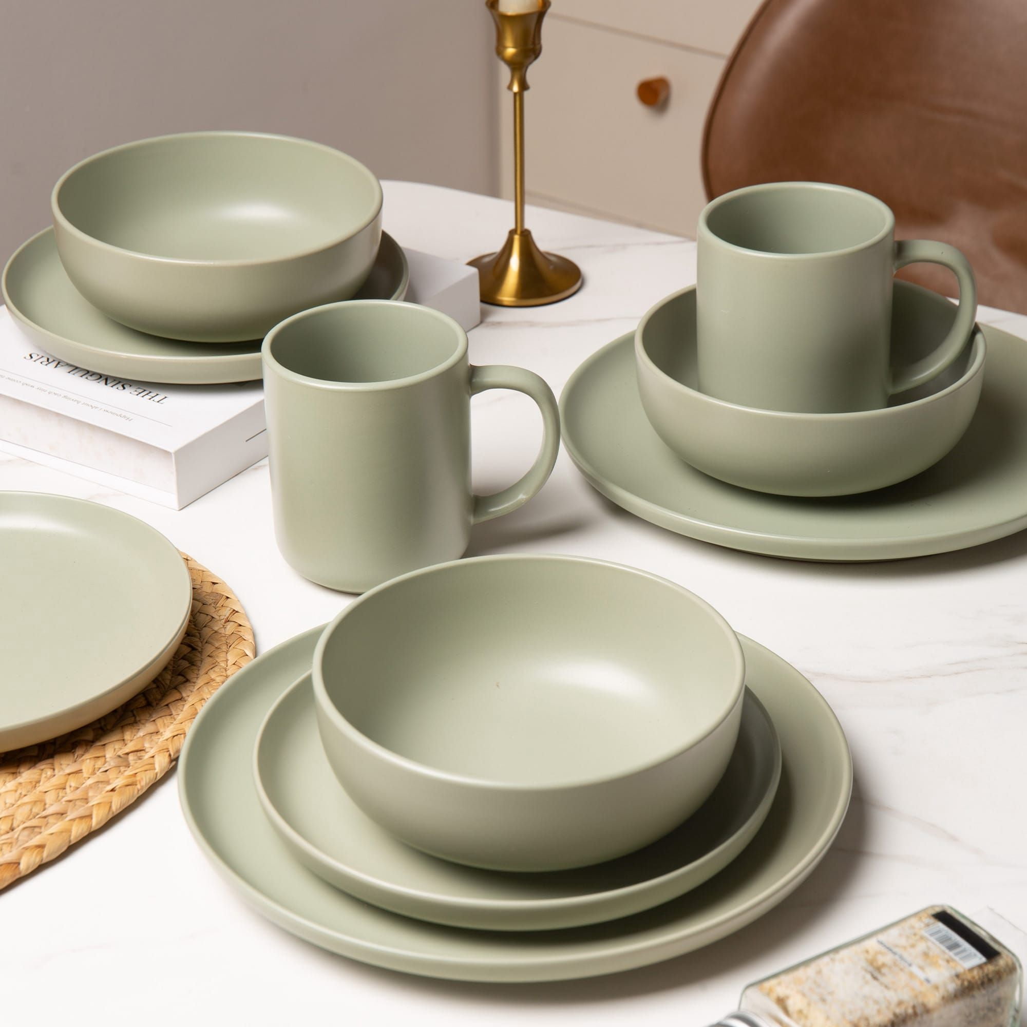 12-Piece Stoneware Dinnerware Sets with Mugs, Microwave & Dishwasher Safe, Non-Toxic Dinner Plates Bowls Set, Stackable Matte Glaze Kitchenware for 3