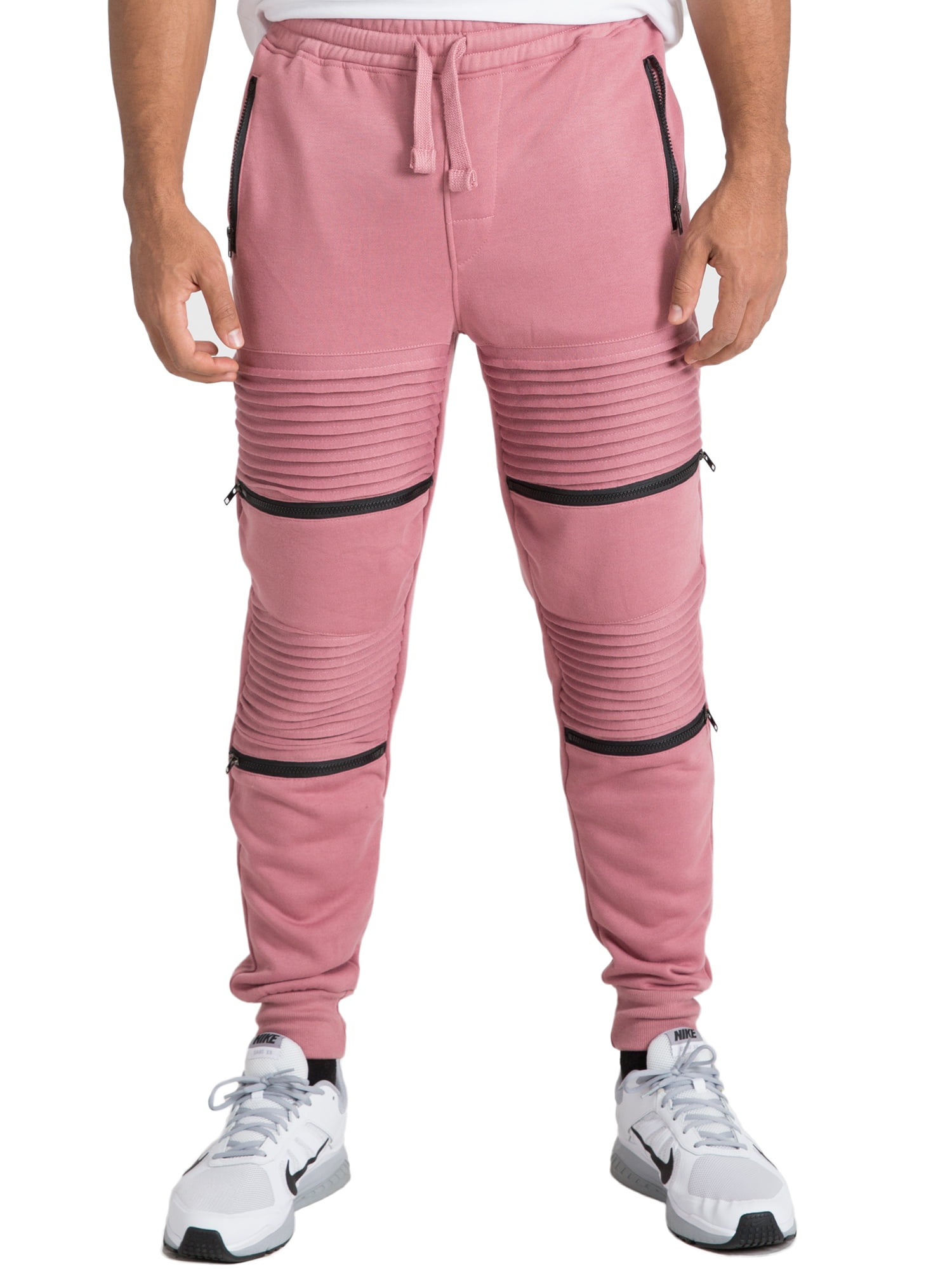 Vibes Men's Fleece Jogger Pant Double Moto Patch & Zipper Knee Trim Rib