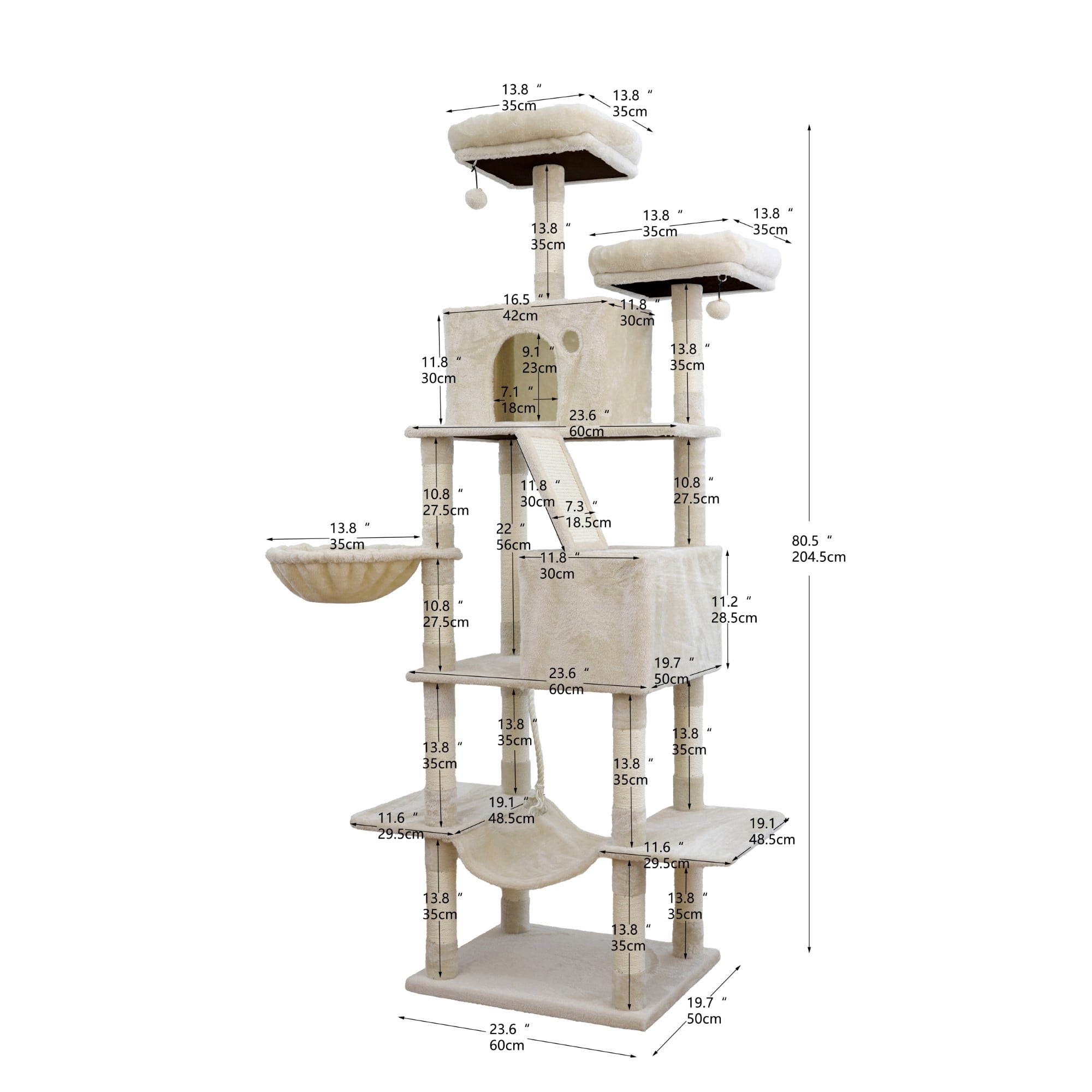 Vibrant Life Heavy Duty 7-Level 81" Cat Tree with Two Condos and Hammock, Beige
