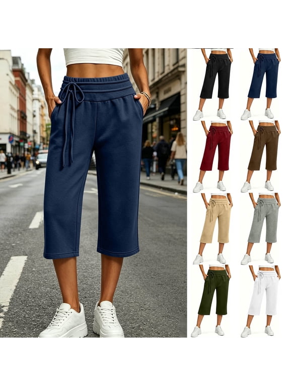 Women's Double Layer Drawstring High Waist Cropped Wide Leg Sweatpants Relaxed Calf Length Daily Loose Pants Khaki (S-XXL)