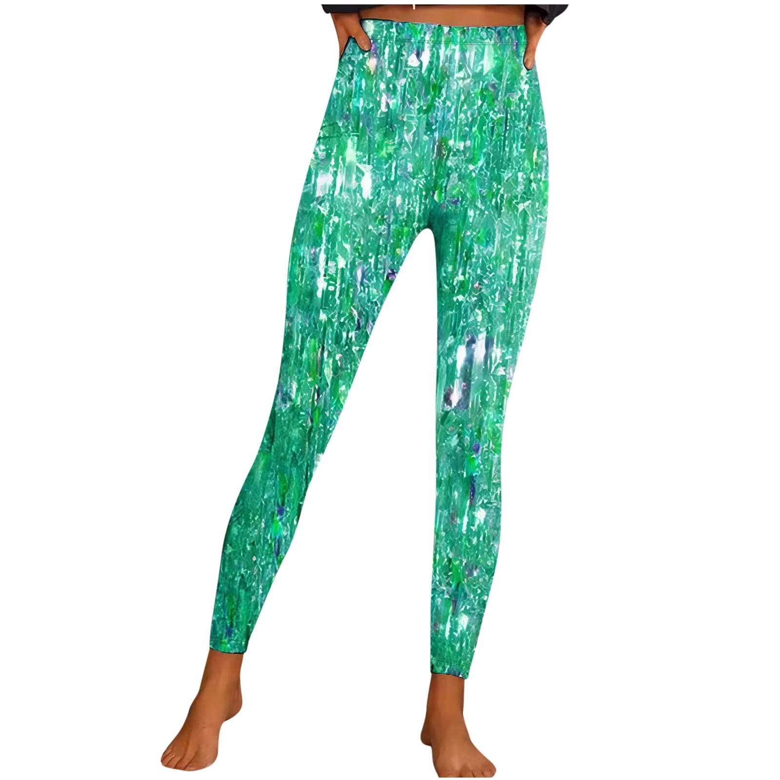 Lovskoo Shiny Sequin Leggings for Women Winter Fall Casual Bright Printed Sports Yoga Pants Leggings Green M