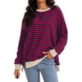thumbnail image 2 of ATHLECHIC Womens  Striped Oversized Split Hem Sweatshirt Crew Neck Color Block Casual Loose Shirt Tops M Red Blue, 2 of 4