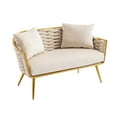 thumbnail image 4 of 2-Seater Lounge Accent Chair, Velvet Upholstered Loveseat with Hand Woven Backrest, Golden Metal Frame and 2 Pillows, Small Loveseat Sofa for Living Room Bedroom Apartment, Beige, 4 of 8
