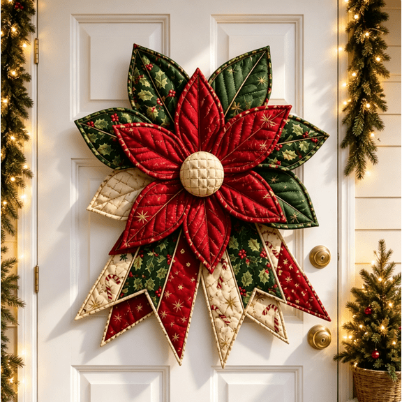 DIY Large Patchwork Bow Sewing Kit, Beginner Quilting Craft Kit for Adults with Coordinated Fabrics and Instructions, Oversized Farmhouse Door Wreath Holiday Decor (Poinsettia Holiday)