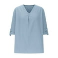 thumbnail image 4 of Olyvenn 3/4 Sleeve Cotton Linen Shirts for Womens Vintage V Neck Casual Loose Fit 2025 Summer Tunic Tops Blouse Blue XL, 4 of 6