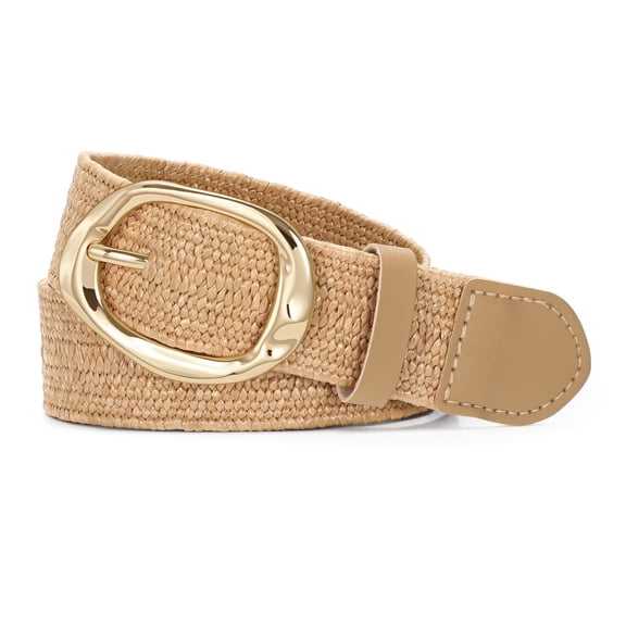 DOVACKA Women's Straw Woven Elastic Belt, Boho Rattan Braided Stretch Waist Belt for Dresses, Gold Buckle
