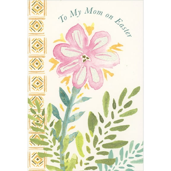 Pictura Large Single Pink Watercolor Flower with Glitter Accented Petals Easter Card for Mom