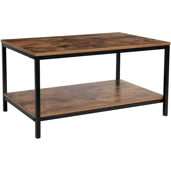 KUNOVA (TM) Industrial Coffee Table with Storage Shelf for Living Room, Wood Look Accent Furniture with Vintage Wooden Board Stable Metal Frame Cocktail Table