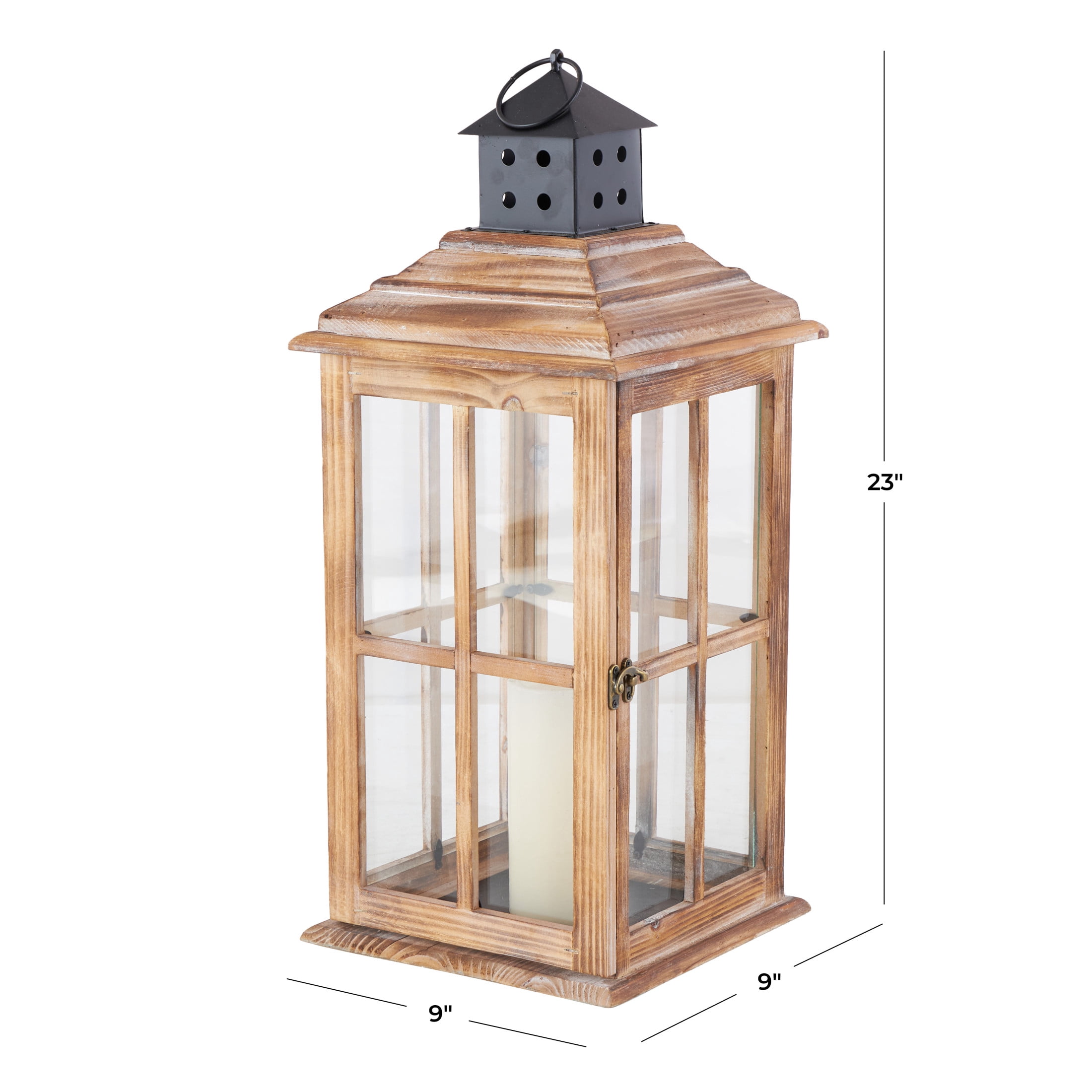 DecMode Brown Wood Light House Decorative Candle Lantern with Black Ring Handle