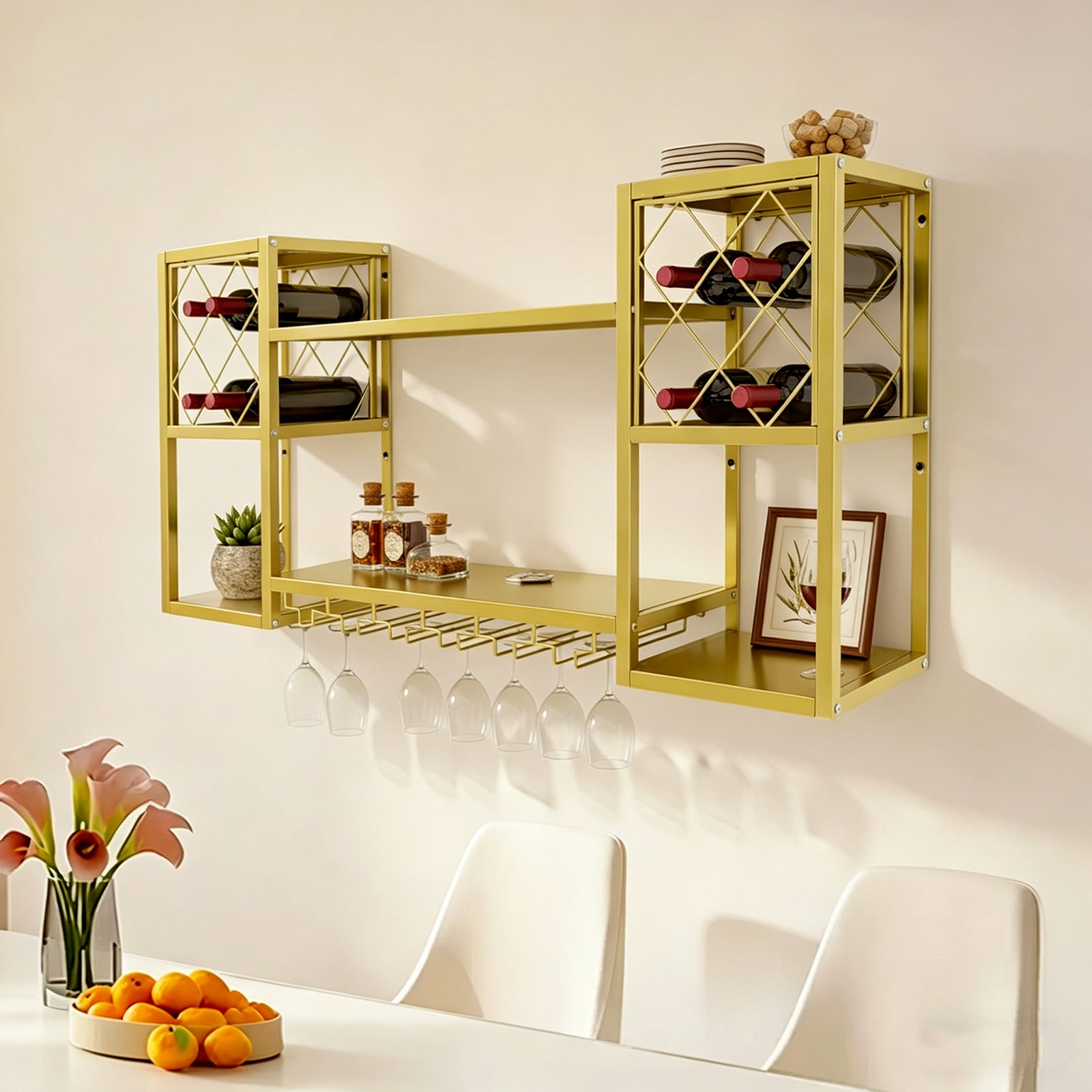 Golden Wall-mounted Wine Rack 47.3*10*23.6 Inch Metal Grid Frame Liquor Shelves 2-Tier Wall-mounted Wine Rack