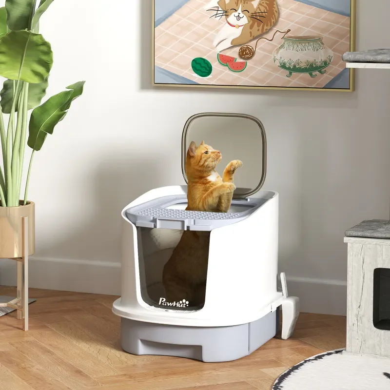 Grey Enclosed Cat Litter Box, Dual Entry Top & Front Door Litter Box, No Assembly Required Drawer-Type Pet Toilet with Odor Removal Bags for Indoor Household Cats