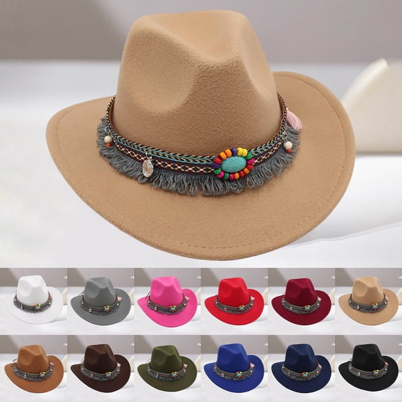 ZHISHINE Women's Western Cowboy Hat With Fringe & Turquoise, Bohemian Felt Fedora Sun Hat, Wide Brim Adjustable Vintage Hat For Music Festival Outdoor Daily Wear Beige One Size
