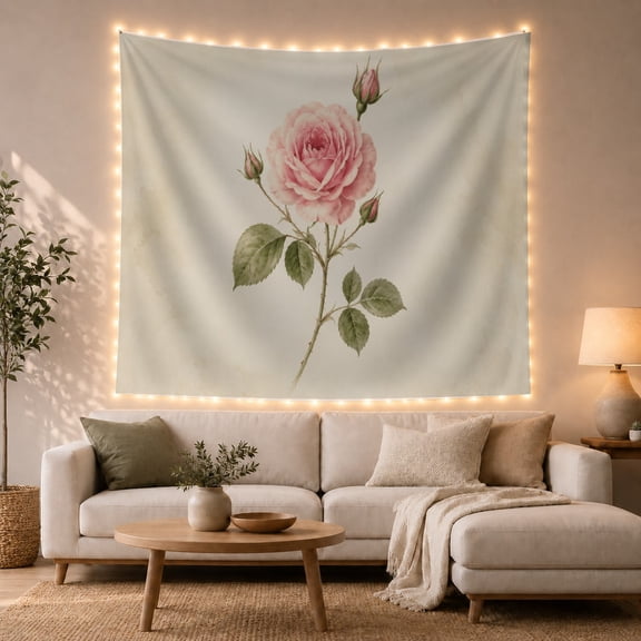 Botanical Pink Rose in Bloom with Rosebuds Against Muted Pale Background, Romantic Vintage for Plant Lovers, Floral Art Decor Housewarming Gift, Tapestry Wall Hanging for Bedroom and Living Room