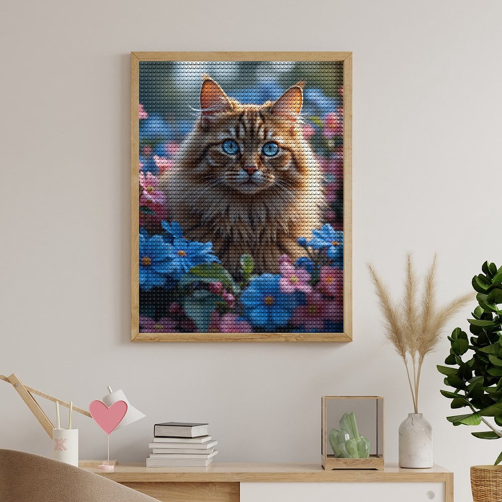 Diamond Art Kits for Adults, Blue Eyed Cat Among Blossoms 5D Diamond Painting Kits for Adults Beginners, DIY Full Drill Diamond Painting, Gem Art and Crafts 12x16