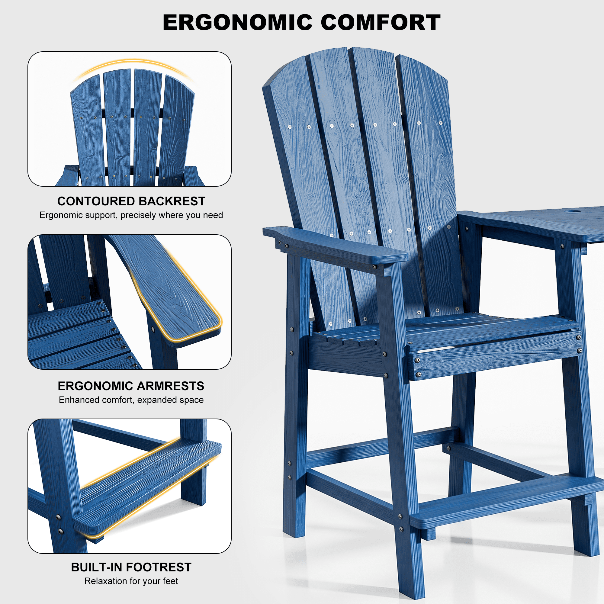 2-Piece Outdoor Adirondack Chair With Table, High Adirondack Chairs with Removable Trays, All Weather Outdoor Adirondack Barstools for Patio, Balcony, Backyard, Deck and Garden